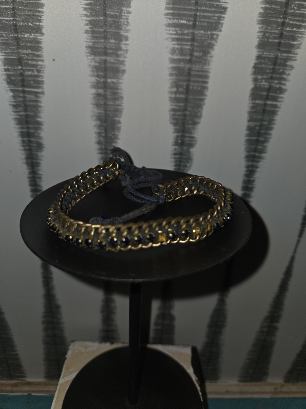 Adjustable Woven Brass Tone Bracelet Blue & Gold Beaded Boho Macrame Bracelet